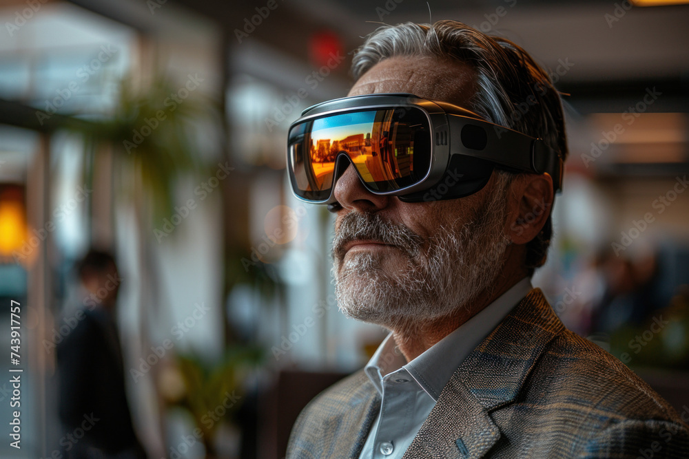 Caucasian businessman in suit in 3D virtual glasses at modern office Caucasian businessman in suit in 3D virtual glasses at modern office