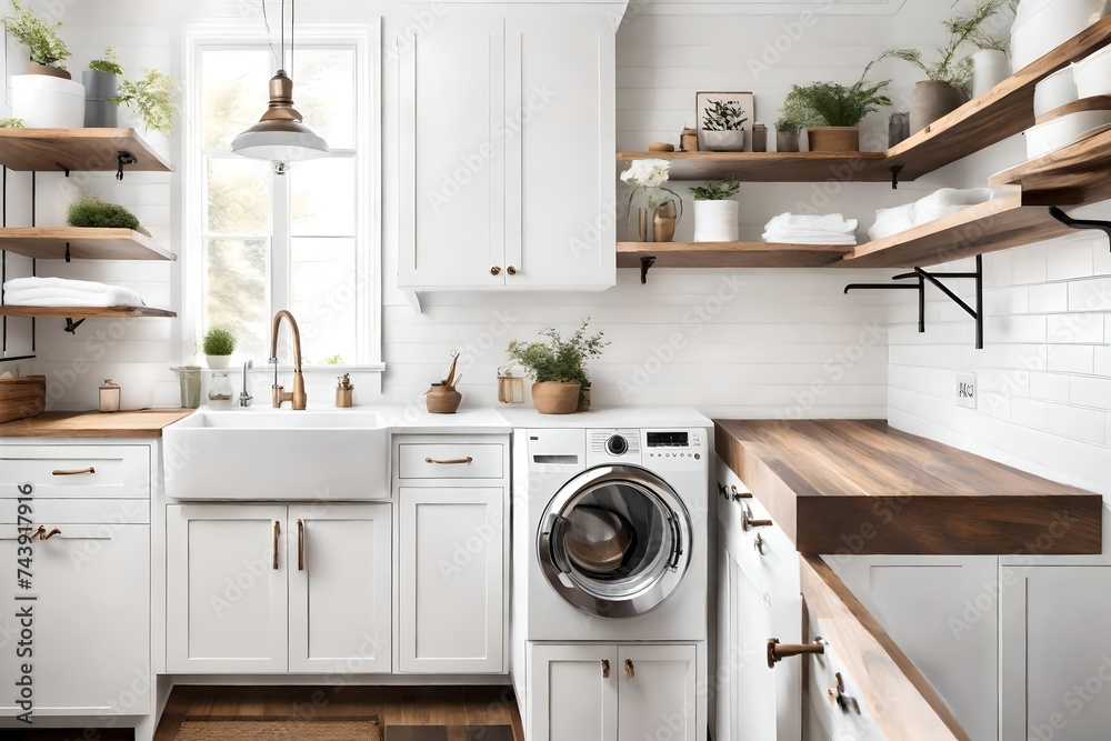 A clean, minimalist laundry room with white cabinets, a farmhouse sink, and wooden shelves A clean, minimalist laundry room with white cabinets, a farmhouse sink, and wooden shelves