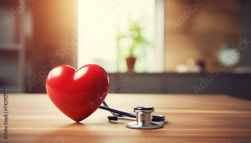 a red heart with a stethoscope on a wooden tab