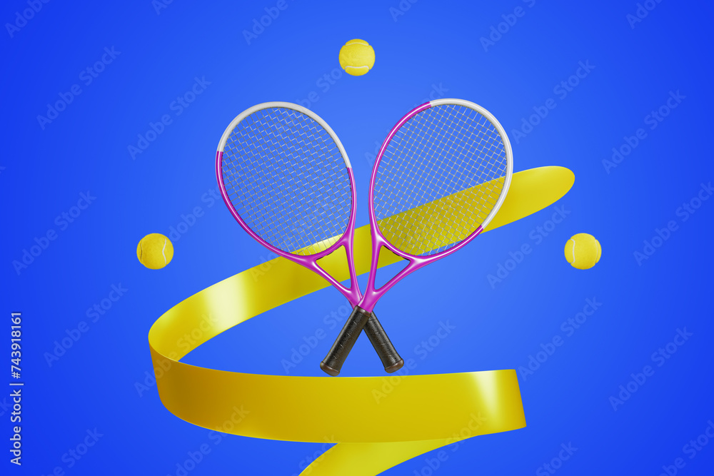 Two crossed tennis rackets and sports balls, ribbons. 3D rendering ...