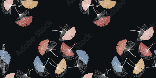 Coloured Seamless pattern with skeletonized gingko biloba leaves, veined, black background. Vector illustration EPS10