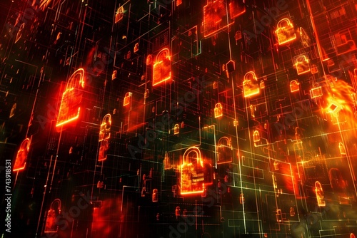 3D Render of Cybersecurity Locks in Digital Space