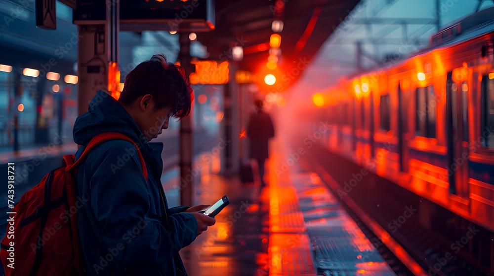 Photograph of a man standing on a railway platform with a mobile phone in his hand. Ai generated.