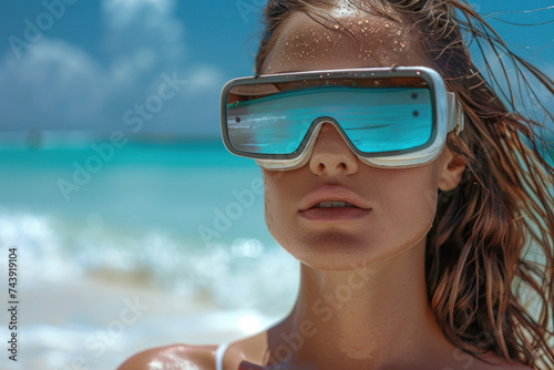 Caucasian woman in 3D virtual glasses on tropical beach near sea