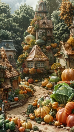 Enchanting Fairytale Cottages in a Lush Pumpkin Village © pisan