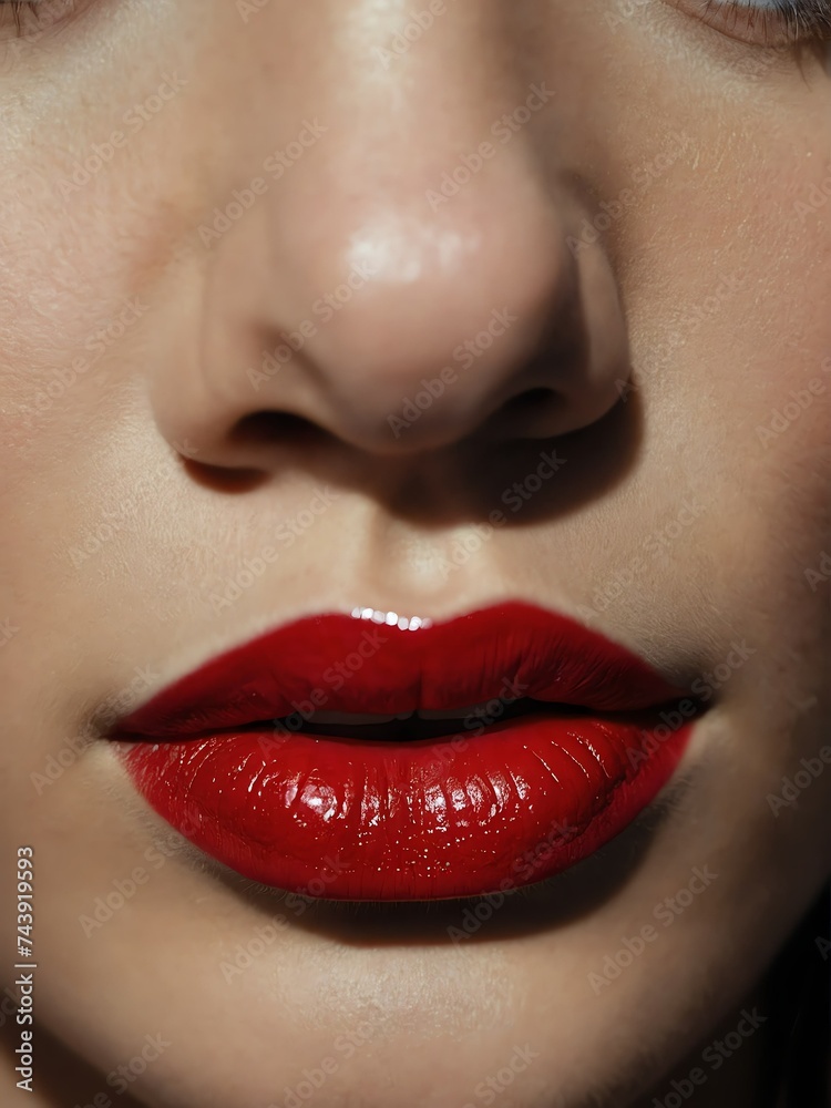 Obraz premium Close up of a red lips from a beautiful intimate young woman from Generative AI