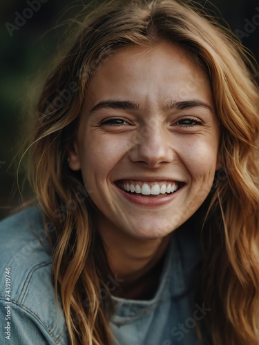 Close up portrait of young caucasian woman laughing and cheerful looking at camera from Generative AI