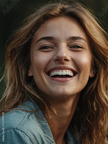 Close up portrait of young caucasian woman laughing and cheerful looking at camera from Generative AI
