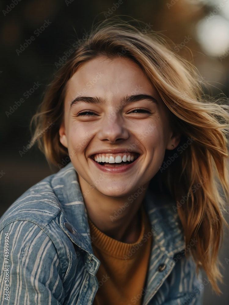 Close up portrait of young woman laughing and cheerful looking at camera from Generative AI Close up portrait of young woman laughing and cheerful looking at camera from Generative AI