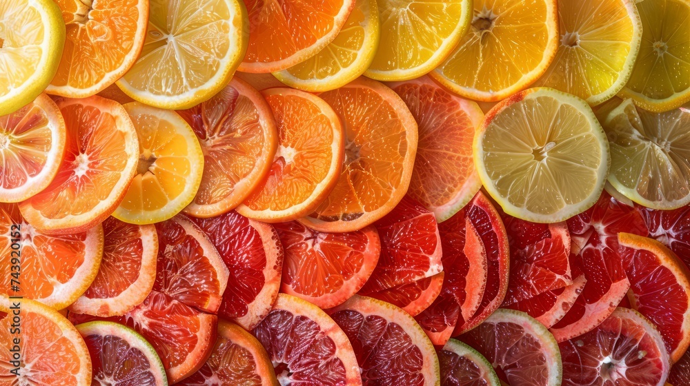 Vibrant Citrus Fruit Slices Background, Assorted Fresh Oranges, Lemons, Limes Vibrant Citrus Fruit Slices Background, Assorted Fresh Oranges, Lemons, Limes