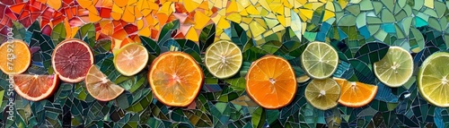 Vibrant Citrus Fruits on Colorful Mosaic Background