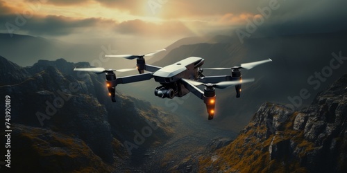 Drone flying over craggy mountain peaks at dusk, highlighting exploration technology. photo