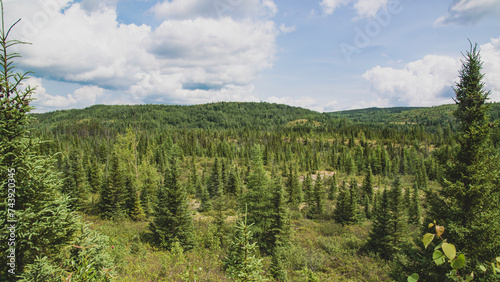 St-Urbain, Canada - July 17 2023: Panorama arial view in Grands Jardins National Park in Quebec 