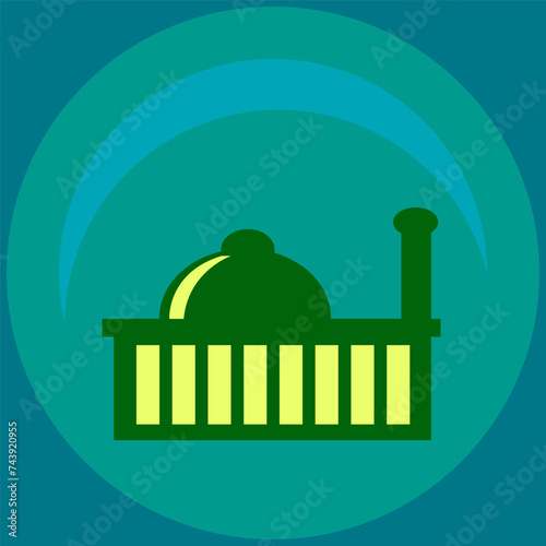 a simple mosque building with a green circle background