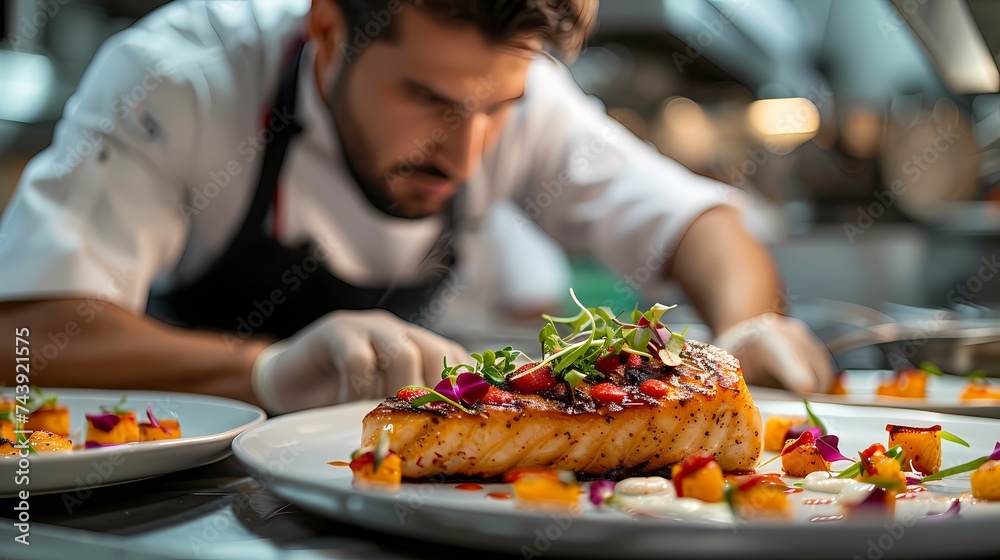 Close-up of a chef delicately plating a vibrant seafood dish, garnishing it with microgreens and a drizzle of sauce, showcasing their precision and artistry