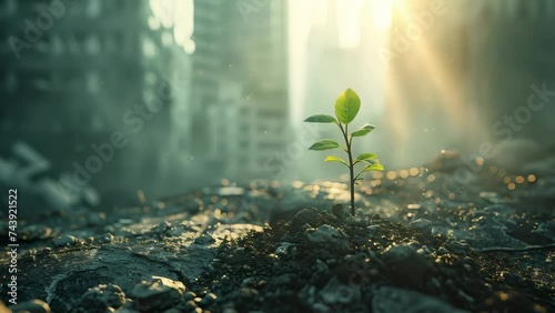 A single young plant sprouts from urban rubble, bathed in rays of sunlight, symbolizing hope and renewal.
 photo