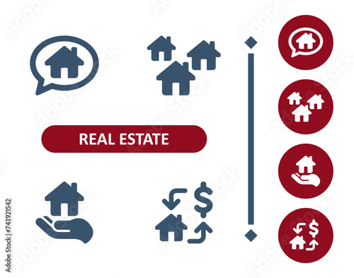 Real estate icons. House, home, chat bubble, city, town, houses, hand, realtor, dollar, price, home owner icon