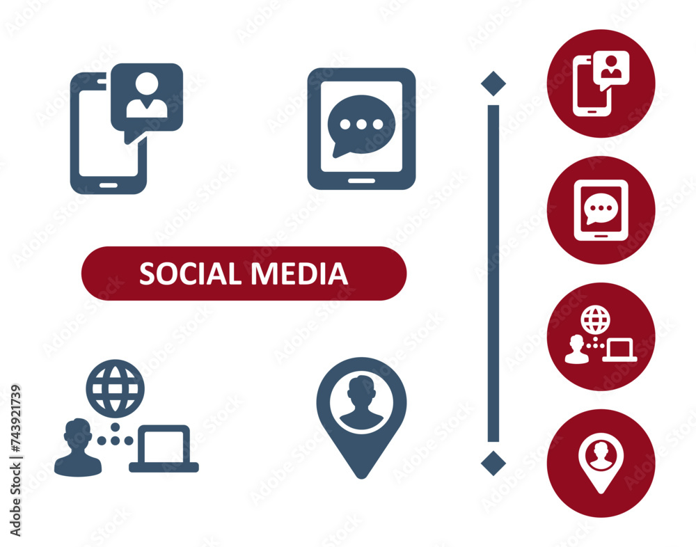 Social Media Icons. Smartphone, Mobile Phone, Tablet, Chat Bubble, Comment, Post, Posting, Online, Location Icon Social Media Icons. Smartphone, Mobile Phone, Tablet, Chat Bubble, Comment, Post, Posting, Online, Location Icon