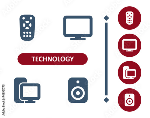 Technology icons. Device, remote, tv, television set, pc, desktop, computer, speaker icon
