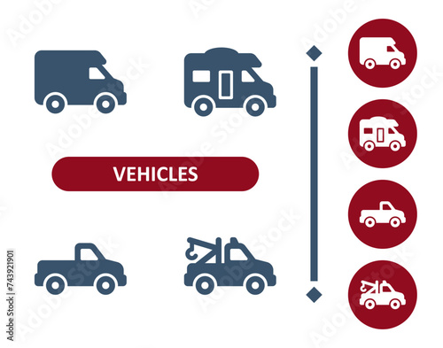 Vehicles icons. Vehicle, cars, car, van, RV, motorhome, pickup truck, tow truck icon