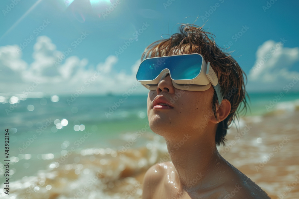 Asian man in 3D virtual glasses on tropical beach near sea Asian man in 3D virtual glasses on tropical beach near sea