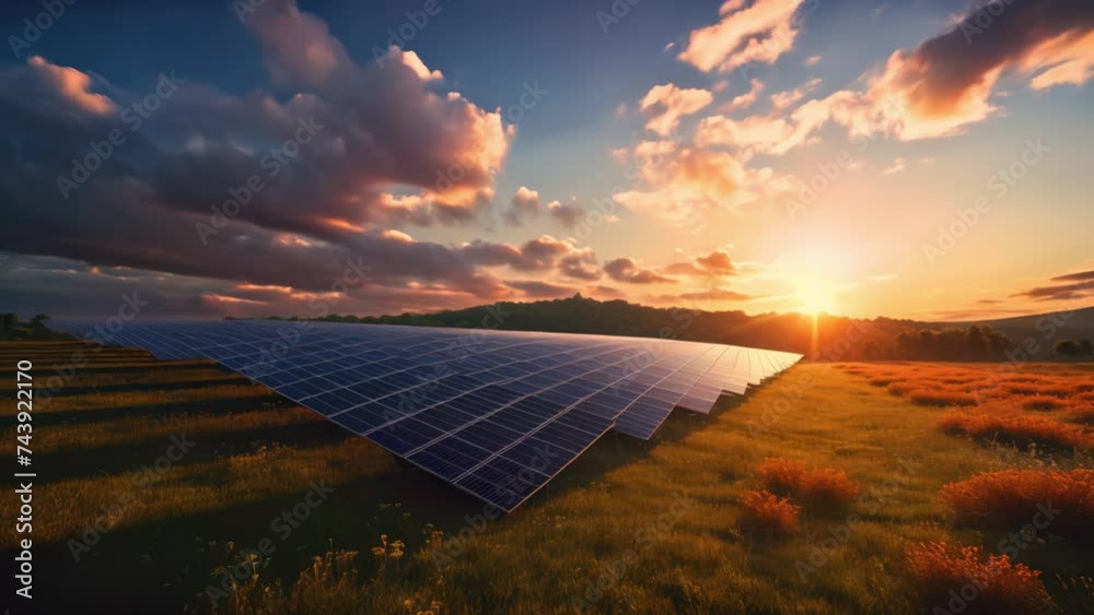 Solar energy farm with rows of photovoltaic panels against a backdrop of mountains and sunset with clouds, highlighting renewable energy and sustainability.
