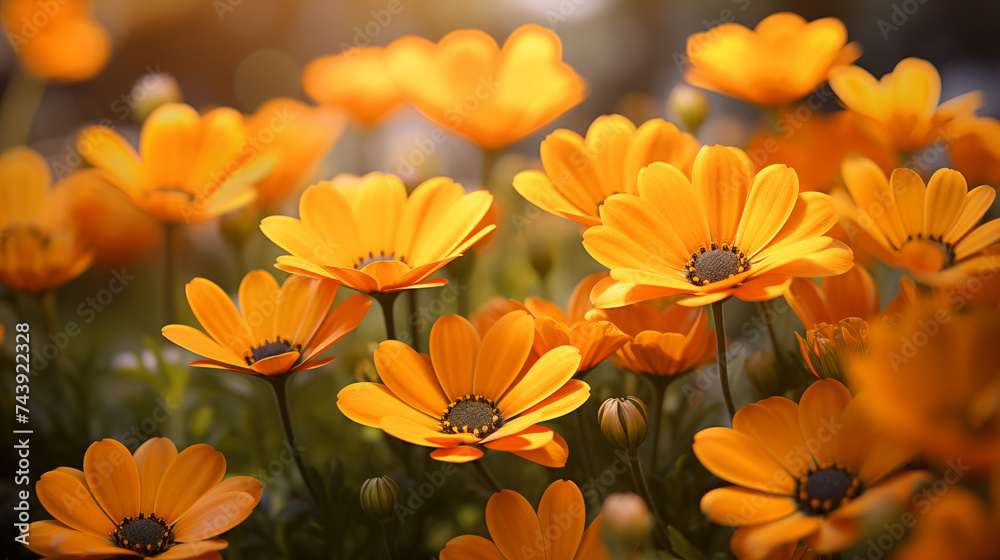 Fototapeta premium yellow and orange flowers with a blurred background. The flowers are small and have many petals
