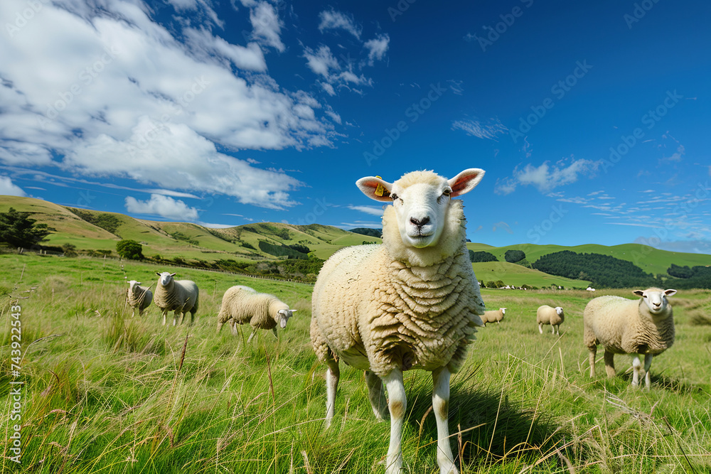 Fototapeta premium Sheep on meadow with blue sky, New Zealand