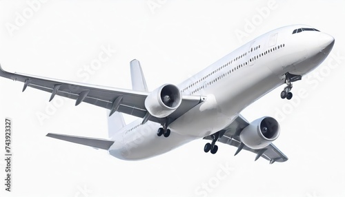 Passenger jet plane flies isolated on white background