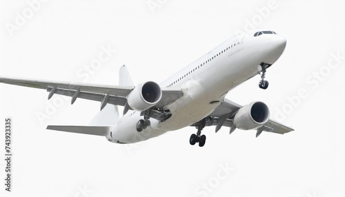 Passenger jet plane flies isolated on white background