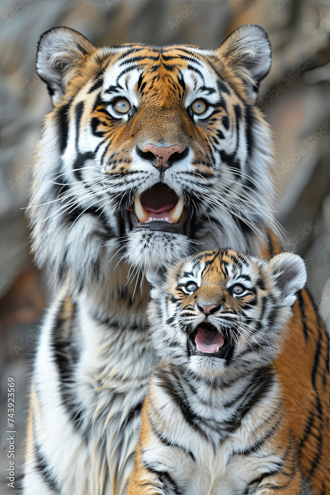 Obraz premium Siberian tiger (Tiger Panthera tigris altaica) with a baby between her teeth
