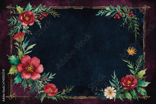 watercolor dark blue framework with pink flowers border for invitation or congratulation