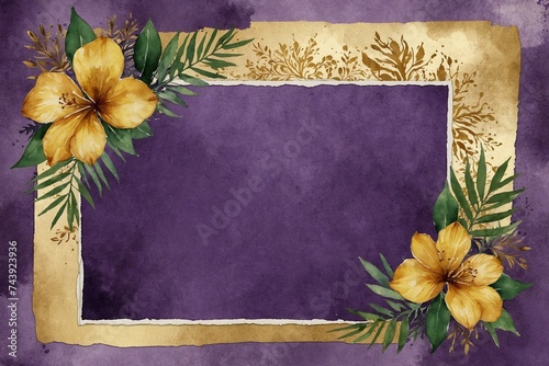 watercolor purple paper framework for invitation or congratulation, vintage tropical yellow flowers decoration