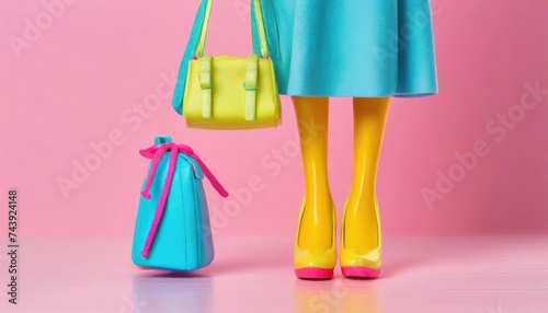 Plastic toy legs with high heels and little bag on pastel pink background. Minimal art pink
