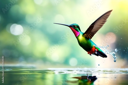 Colorful Colibri bird flying from water