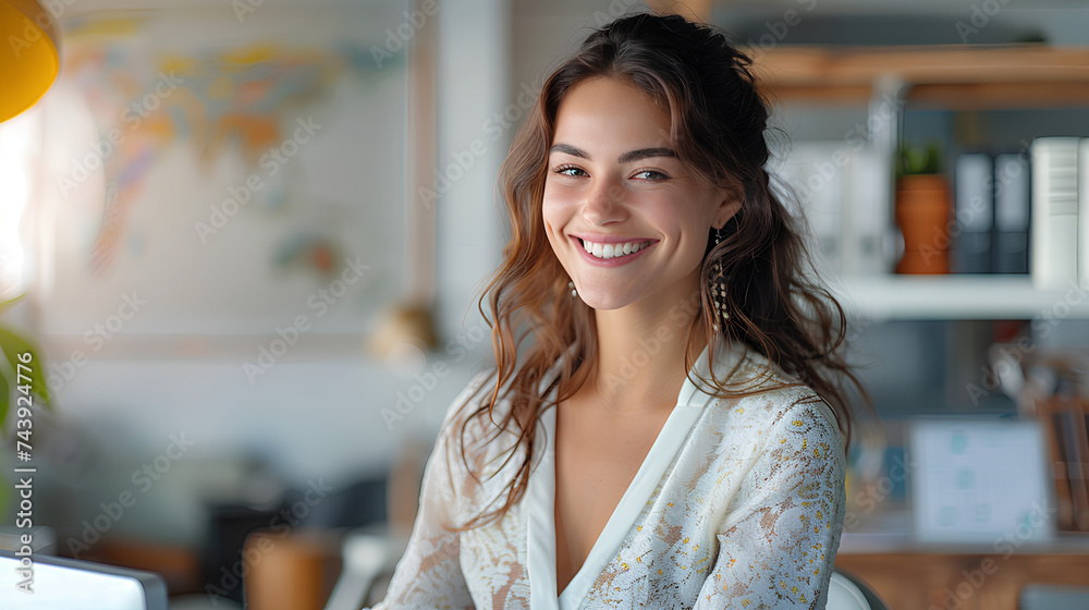 Portrait of woman at desk with computer, smile and email, job report or article at digital agency. Internet, research and happy businesswoman at tech startup with online review, networking or project Portrait of woman at desk with computer, smile and email, job report or article at digital agency. Internet, research and happy businesswoman at tech startup with online review, networking or project