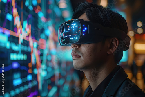 Asian man in 3D virtual glasses in and interactive glass board