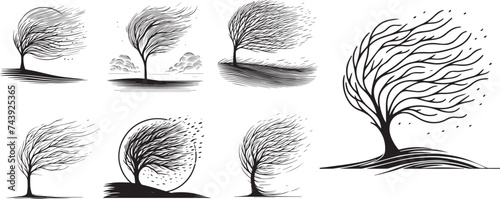 set of trees on windy day, black and white shilouette od trees vector graphics