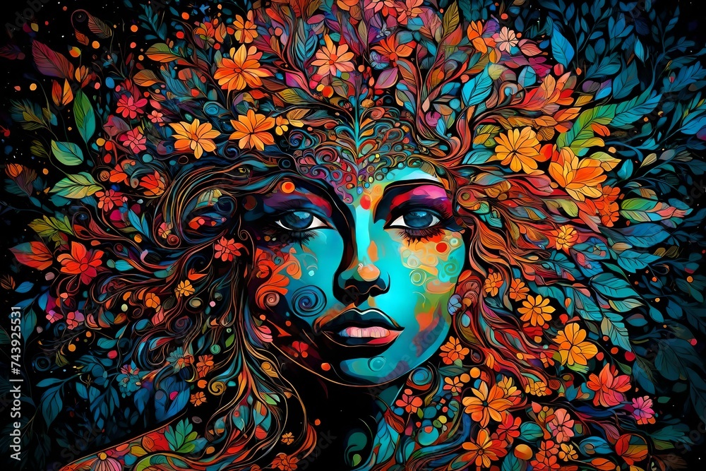 Vibrant colorful Tree Goddess, Flower Woman silhouette