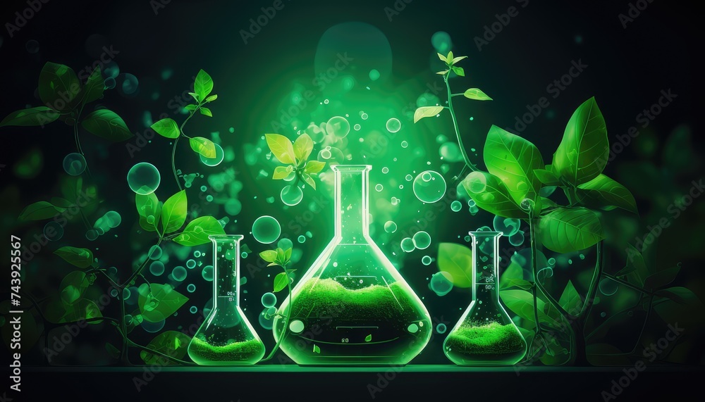 Biology laboratory nature and science, Plants with biochemistry structure and chemical formula on green background Biology laboratory nature and science, Plants with biochemistry structure and chemical formula on green background