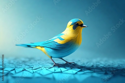 virtual canary bird standing on low poly digital surface in metaverse concept banner