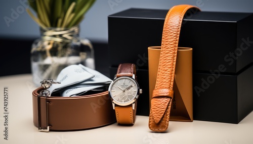 cologne for men, brown gift box, cufflinks, watch with a black leather strap and leather belt photo