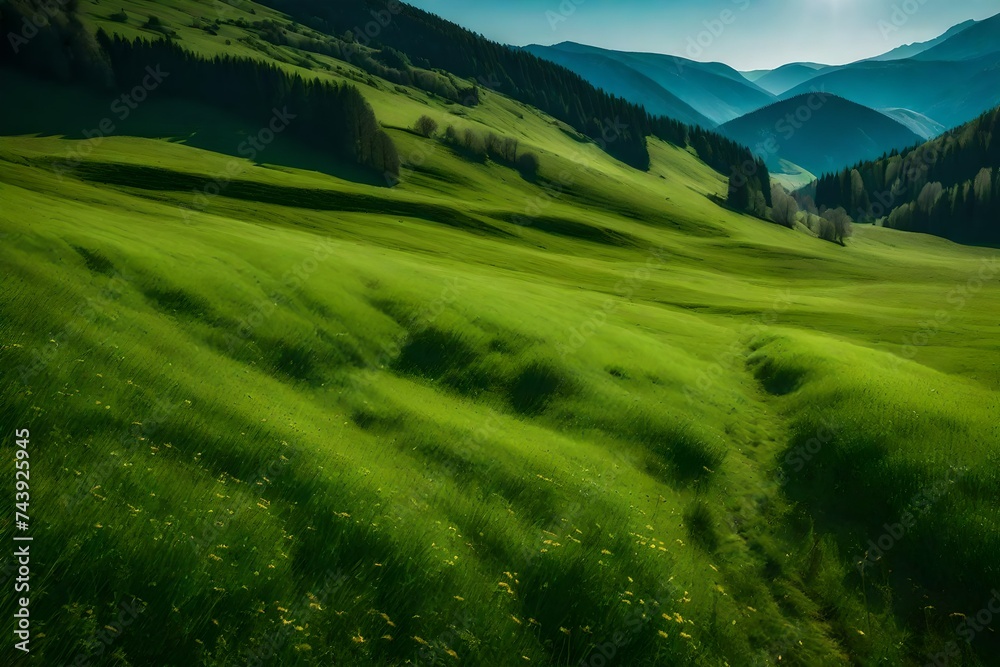 green grass and mountains