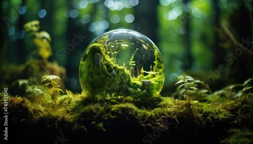 crystal globe on moss in a forest environment concept