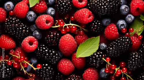 Berry closeup overhead colorful assorted mix of strawberries, blueberries, raspberries, blackberries, red currants on background. Background of different berries and fruits photo