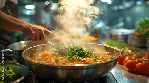 Steam rising from a pot as chefs stir a rich, aromatic broth filled with fresh herbs and vegetables, the kitchen bustling with energy