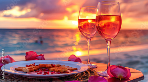 Summer love. Romantic sunset dinner on the beach. Table honeymoon set for two with luxurious food, glasses of rose wine drinks in a restaurant with sea view.