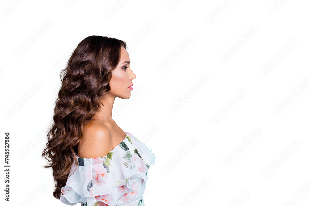 Profile side view photo of serious confident curly brunette woman with modern hairstyle isolated on shine turquoise background with copy space for text Profile side view photo of serious confident curly brunette woman with modern hairstyle isolated on shine turquoise background with copy space for text