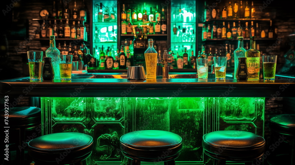 Saint Patrick's day green aesthetic cocktail in a bar, celebration, dim lights, free space, copy space