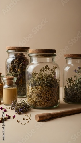 Herbal apothecary aesthetic. Jars with dry herbs and flowers on a beige background